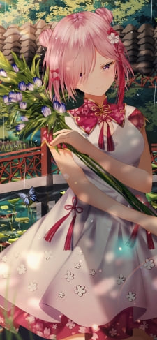 水辺で紫の花を摘むマシュ・キリエライト / Fate/grand orderのiPhone / スマホ壁紙