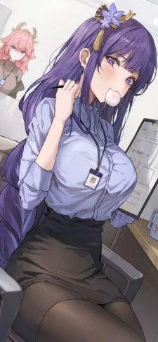 仕事中の雷電将軍と八重神子 / OL / 餅 / オフィス / ファンアート / イラストのiPhone / スマホ壁紙