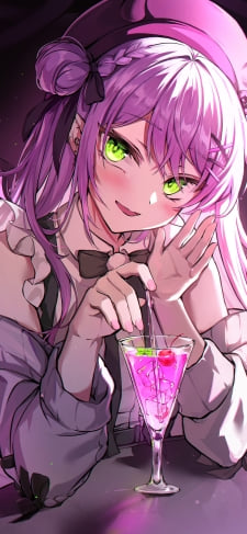 ピンクのカクテルを飲む常闇トワ / バー / バーチャルYouTuber / ホロライブ / ファンアート / イラストのiPhone / スマホ壁紙