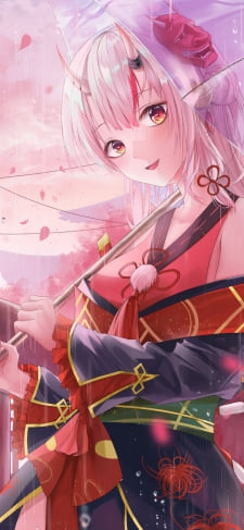 桜の花が舞い雨が降る中でビニール傘をさす可愛い百鬼あやめ / ホロライブ / バーチャルYouTuber / VtuberのiPhone / スマホ壁紙