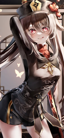 右手を頭の上に挙げて舌を出してポーズを取る可愛い胡桃 / ロングヘア― / 原神のiPhone / スマホ壁紙