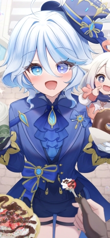 チョコレートドーナツを持つフリーナ / パイモン / 笑顔 / 原神のiPhone / スマホ壁紙