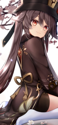 女の子座りをして花見をする胡桃 / 桜 / 原神のiPhone / スマホ壁紙