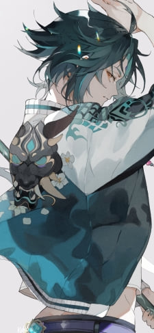 右手を挙げるかっこいい魈 (しょう) / 月を守る仙人 / 夜叉 / 降魔大聖 / 護法夜叉大将 / 原神のiPhone / スマホ壁紙
