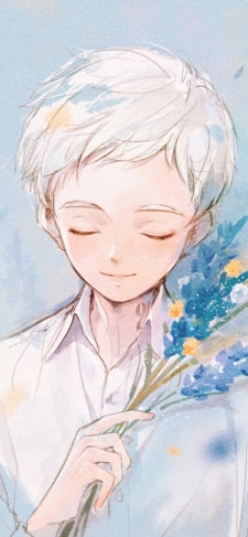 目をつぶり青い花を持つノーマン / 約束のネバーランドのiPhone / スマホ壁紙