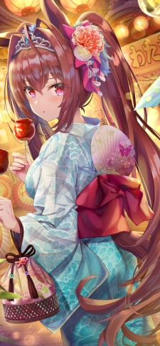 緑の浴衣を着てりんご飴を食べるダイワスカーレット / 可愛い / 祭 / 屋台 / ウマ娘のiPhone / スマホ壁紙