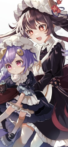 七七を抱っこしてお茶を運ぶ胡桃 / 原神のiPhone / スマホ壁紙