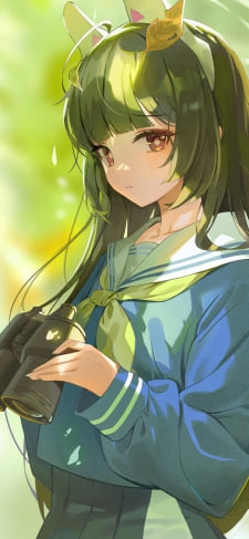 大きな双眼鏡を持ちこちらを見つめる霞沢ミユ / 緑の髪色 / ブルアカ / ブルーアーカイブのiPhone / スマホ壁紙