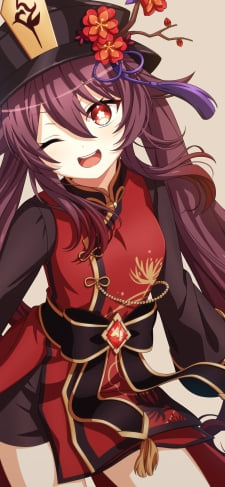 ウィンクする可愛い胡桃 / 赤い瞳 / 赤い花の飾り / 原神のiPhone / スマホ壁紙