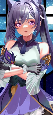 腕を組む綺麗な刻晴 / 満月 / 夜 / 原神のiPhone / スマホ壁紙