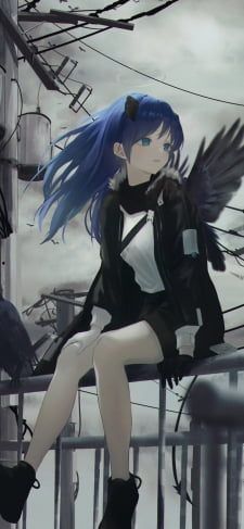 鉄柵に座るモスティマとカラス / 電柱 / 曇り空 / アークナイツのiPhone / スマホ壁紙