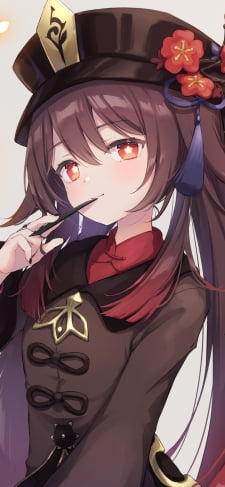 黒いペンを咥える可愛い胡桃 / 原神のiPhone / スマホ壁紙