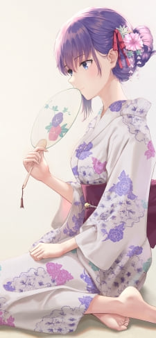 紫とピンクの花の絵柄の浴衣を着てアサガオの絵柄の団扇を口元にあてる間桐桜 / fateのiPhone / スマホ壁紙