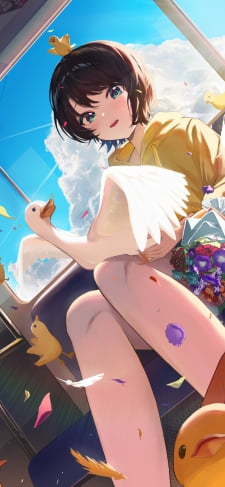 膝にスバルドダックを乗せて電車の椅子に座る笑顔の大空スバル / ホロライブ / バーチャルYouTuber / VtuberのiPhone / スマホ壁紙