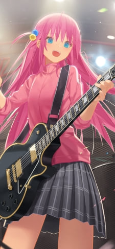 笑顔で黒いギターを弾くステージ上の後藤ひとり / ピンクの服 / 青・黄色の髪飾り / ぼっち・ざ・ろっく!のiPhone / スマホ壁紙