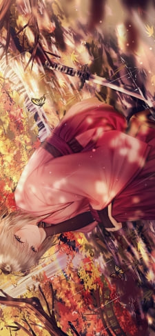 雨が降る秋の森の中、しゃがむ沖田総司 / 紅葉 / Fate/grand orderのiPhone / スマホ壁紙