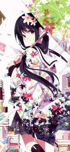 沢山の本と和傘をさす綺麗な西御門多美(にしみかどたみ) / ハナヤマタのiPhone / スマホ壁紙