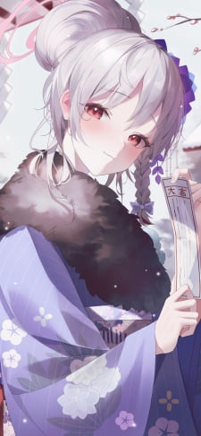 大吉のおみくじを持つ黒舘ハルナ / 紫の着物 / お参り / ブルアカ / ブルーアーカイブのiPhone / スマホ壁紙