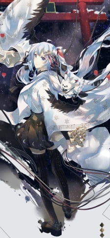 赤い鳥居とこちらを振り返る雪ミクとラビット・ユキネ / 初音ミク / ボカロ / ボーカロイドのiPhone / スマホ壁紙