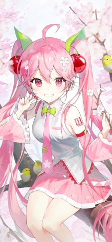木の上に座って鶯に囲まれた桜ミク / ボカロ / ボーカロイドのiPhone / スマホ壁紙