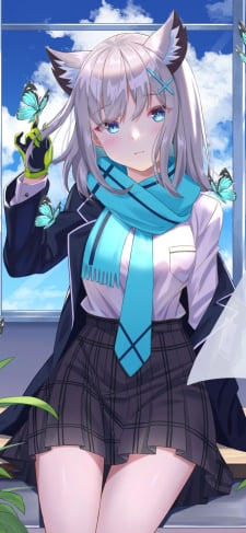 青空が見える窓辺で木の机に座る砂狼シロコ / 青い蝶 / ブルアカ / ブルーアーカイブのiPhone / スマホ壁紙