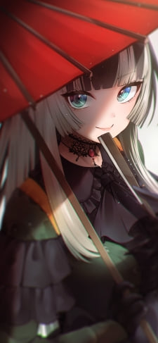 赤い和傘越しに黒い扇子を持ち微笑む儒烏風亭らでん(じゅうふうていらでん) / ホロライブ / バーチャルYouTuber / VtuberのiPhone / スマホ壁紙