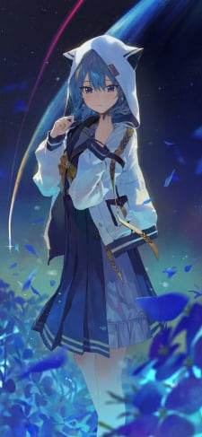 青い花とこちらを見つめる星街すいせい / 赤と黄色の彗星のiPhone / スマホ壁紙