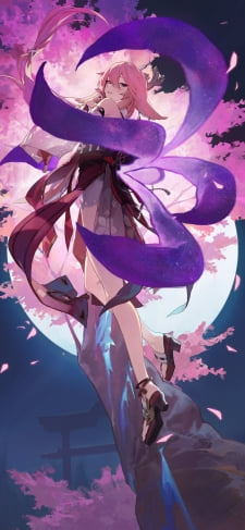 桜の木に登る八重神子 / 満月 / 原神のiPhone / スマホ壁紙