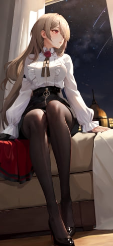 ベッドに座り窓の外の夜空を見つめるリタ・ロスヴァイセ / 崩壊3rd / 崩坏3rdのiPhone / スマホ壁紙