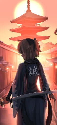 刀を持つ沖田総司の後ろ姿 / 夕陽 / 五重塔 / 新選組 / fate/grand orderのiPhone / スマホ壁紙