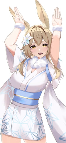 兎のポーズをする白い着物を着た蛍 / 原神genshinwpのiPhone / スマホ壁紙