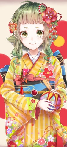 花柄の模様の黄色い着物を着た可愛いグミ / gumi / 手毬 / ボカロ / ボーカロイドのiPhone / スマホ壁紙