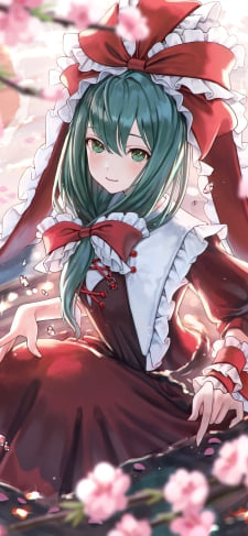 水に浸かった赤い服を着た鍵山雛 / ピンクの花 / 東方のiPhone / スマホ壁紙