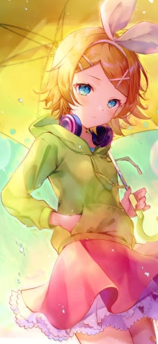 黄色い傘をさした可愛い鏡音リン / ボカロ / ボーカロイドのiPhone / スマホ壁紙