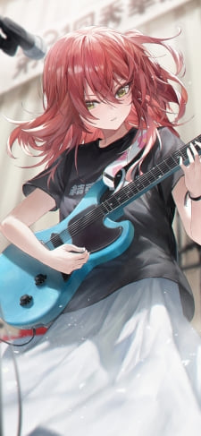 凛々しい表情で青いギターを弾く喜多郁代 / ぼっち・ざ・ろっく! / ファンアート / イラストのiPhone / スマホ壁紙