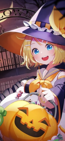 魔女コスをした可愛い鏡音リン / カボチャの鞄 / 三日月 / ボカロ / ボーカロイドのiPhone / スマホ壁紙