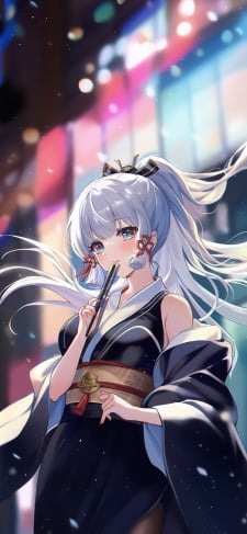 黒い着物を着て扇子を口元にあてる神里綾華 / 原神のiPhone / スマホ壁紙