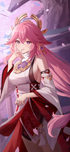 舞い散る桜と綺麗な八重神子 / 手摺り / 原神のiPhone / スマホ壁紙