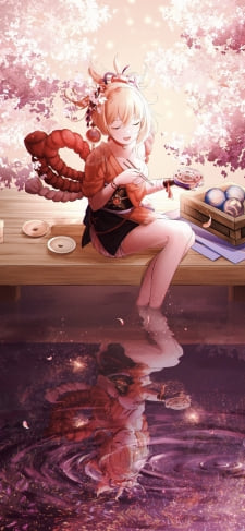 水に足を浸して食べ物を食べる宵宮 / 桜の花 / 赤い髪飾り / 波紋 / チョーカー / 原神のiPhone / スマホ壁紙