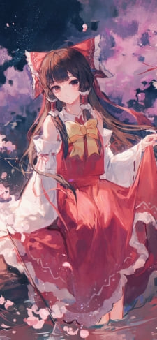 水に足を浸す博麗霊夢 / ピンクの花 / 東方のiPhone / スマホ壁紙