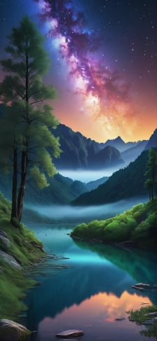 銀河と山と霧立ち込める湖 / 綺麗 / 絶景のiPhone / スマホ壁紙