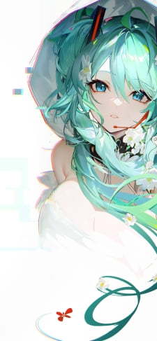 白い花の髪飾りとフードを被った綺麗な初音ミク / ボカロ / ボーカロイドのiPhone / スマホ壁紙