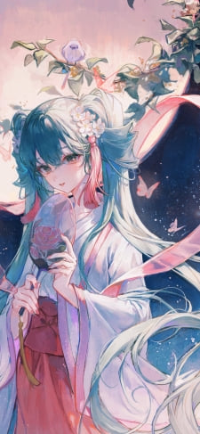 団扇を持つ天女姿の初音ミク / 月 / ボカロ / ボーカロイドのiPhone / スマホ壁紙