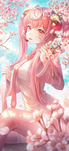 髪を持つ綺麗な桜ミク / さくらんぼの髪飾り / ボカロ / ボーカロイドのiPhone / スマホ壁紙