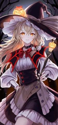 頭に光るカボチャを付けたハロウィンコスの霧雨魔理沙 / 東方のiPhone / スマホ壁紙