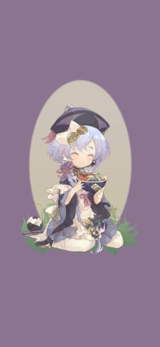 海鮮丼を持ち微笑む七七 / 原神のiPhone / スマホ壁紙