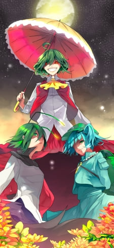 花畑と風見幽香と河城にとりとリグル・ナイトバグ / 東方のiPhone / スマホ壁紙