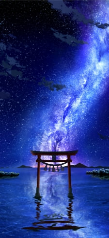 鈴がついた赤い鳥居と天の川 / 銀河のiPhone / スマホ壁紙