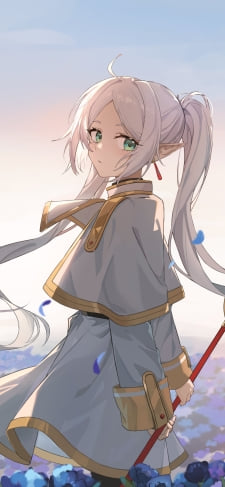 蒼月草の花畑で魔法の杖を持ち振り向くフリーレン / 葬送のフリーレンのiPhone / スマホ壁紙