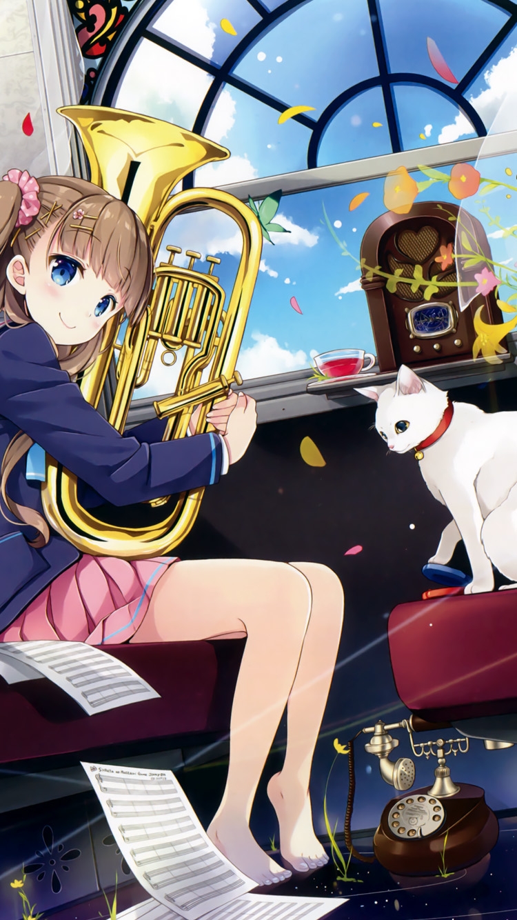 女の子と白い猫の750 x 1334 / スマホ壁紙